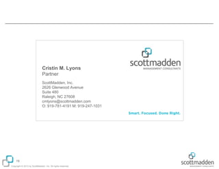 Cristin M. Lyons
Partner
ScottMadden, Inc.
2626 Glenwood Avenue
Suite 480
Raleigh, NC 27608
cmlyons@scottmadden.com
O: 919-781-4191 M: 919-247-1031

19
Copyright © 2013 by ScottMadden, Inc. All rights reserved.

 