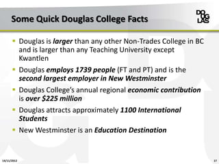 Some Quick Douglas College Facts

       Douglas is larger than any other Non-Trades College in BC
        and is larger than any Teaching University except
        Kwantlen
       Douglas employs 1739 people (FT and PT) and is the
        second largest employer in New Westminster
       Douglas College’s annual regional economic contribution
        is over $225 million
       Douglas attracts approximately 1100 International
        Students
       New Westminster is an Education Destination


14/11/2012                                                          17
 