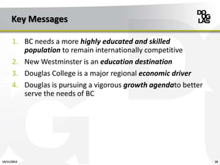 Key Messages

      1. BC needs a more highly educated and skilled
         population to remain internationally competitive
      2. New Westminster is an education destination
      3. Douglas College is a major regional economic driver
      4. Douglas is pursuing a vigorous growth agendato better
         serve the needs of BC




14/11/2012                                                       18
 