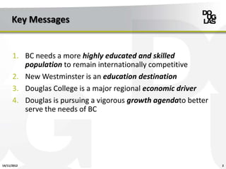 Key Messages


      1. BC needs a more highly educated and skilled
         population to remain internationally competitive
      2. New Westminster is an education destination
      3. Douglas College is a major regional economic driver
      4. Douglas is pursuing a vigorous growth agendato better
         serve the needs of BC




14/11/2012                                                       2
 