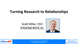 Turning	Research	to	Rela1onships	
Sco4	Miller,	Vision	Cri1cal	
The Future of
Market Research
	
	
Turning	Research	to	Rela1onships	
Sco4	Miller,	CEO	
 