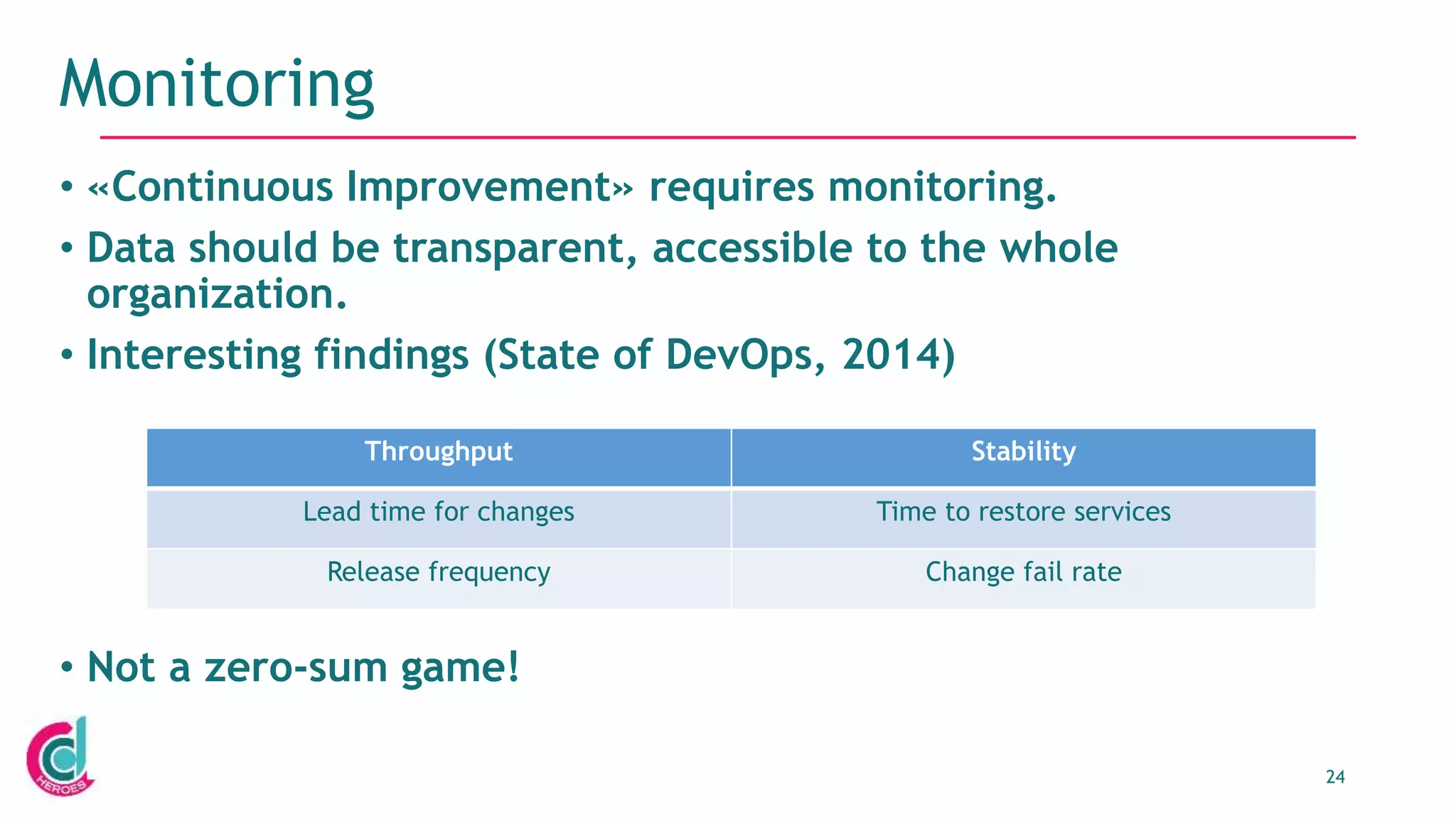 24
Monitoring
• «Continuous Improvement» requires monitoring.
• Data should be transparent, accessible to the whole
organization.
• Interesting findings (State of DevOps, 2014)
Throughput Stability
Lead time for changes Time to restore services
Release frequency Change fail rate
• Not a zero-sum game!
 