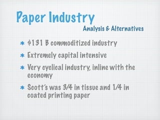 Paper Industry
Analysis & Alternatives

$131 B commoditized industry
Extremely capital intensive
Very cyclical industry, inline with the
economy
Scott’s was 3/4 in tissue and 1/4 in
coated printing paper

 