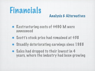 Financials

Analysis & Alternatives

Restructuring costs of $490 M were
announced
Scott’s stock price had remained at $38
Steadily deteriorating earnings since 1988
Sales had dropped to their lowest in 4
years, where the industry had been growing

 