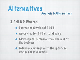 Alternatives

Analysis & Alternatives

3. Sell S.D. Warren
Current book value of $1.6 B
Accounted for 25% of total sales
More capital intensive than the rest of
the business
Potential earnings with the upturn in
coated paper products

 