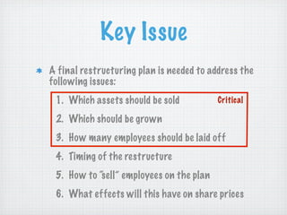 Key Issue
A final restructuring plan is needed to address the
following issues:
1. Which assets should be sold

Critical

2. Which should be grown
3. How many employees should be laid off
4. Timing of the restructure
5. How to “sell” employees on the plan
6. What effects will this have on share prices

 