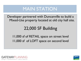 MAIN STATION
Developer partnered with Duncanville to build a
 Mixed-Use property located at old city hall site.

            22,000 SF Building
   11,000 sf of RETAIL space on street level
   11,000 sf of LOFT space on second level
 