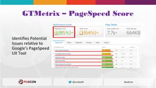 GTMetrix – PageSpeed Score
Identifies Potential
Issues relative to
Google’s PageSpeed
UX Tool
 