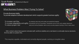 To increase cash flow
To increase adaptability and agility
To reduce project risks
… With a vibrant culture that supports motivated staff, workforce stability and a real desire to continually improve standards.
And be able to sustain this.
This requires capable, motivated and correctly aligned people, working on tangible value.
Provide Business Agility
To provide adaptive software development which supports greater business agility:
Scott Potter – To Autonomy & Beyond
(by releasing value early with quality and operational integrity)
(via practices such as xP, processes / frameworks such as scrum, tech, people, behaviours)
(early and continual feedback, able to pivot, accurate progress tracking as ‘Done’ means done)
What Business Problem Was I Trying To Solve?
 