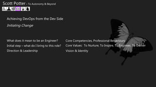 Scott Potter – To Autonomy & Beyond
Achieving DevOps from the Dev Side
What does it mean to be an Engineer?
Initial step – what do I bring to this role?
Direction & Leadership
Core Competencies, Professional Behaviours
Vision & Identity
Core Values: To Nurture, To Inspire, To Engineer, To Deliver
Initiating Change
 