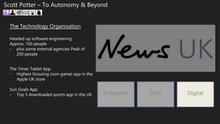 The Technology Organisation
Headed up software engineering
Approx. 100 people
- plus some external agencies Peak of
200 people
Scott Potter – To Autonomy & Beyond
DigitalD&AEnterprise
The Times Tablet App
- Highest Grossing (non-game) app in the
Apple UK store
Sun Goals App
- Top 5 downloaded sports app in the UK
 