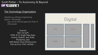 The Technology Organisation
Headed up software engineering
Approx. 100 people
- plus some external agencies Peak of
200 people
Scott Potter – To Autonomy & Beyond
Digital
AppsWeb
ACSCPS
Android
Obj C & Swift
HTML & JS, Single Page Apps
Groovy, NodeJS, Java, Ruby
Wordpress, php
AWS Based Cloud Infrastructure
Pop-up envs, Chef, Lambda …
 