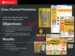 Cross Channel Promotion

Locate the hidden QR code in-store
And scan for a FREE surprise.

Objectives:
  To drive traffic (increase frequency) to locations.
  To increase awareness and draw attention to our
   Community Wall.
  To provide an innovative and fun way for our
   guests to interact with the Which Wich brand.


Results:
 Open Rate: 36%
 Click Thru Rate: 11%
 +5.7% Incremental Comp Sales Growth
            (over 4 day promotion)
 