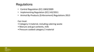 Regulations
• Control Regulation (EC) 1069/2009
• Implementing Regulation (EC) 142/2011
• Animal By-Products (Enforcement) Regulations 2013
Can treat:
• Category 3 material, including catering waste
• Manure and gut contents, milk
• Pressure cooked category 2 material
 