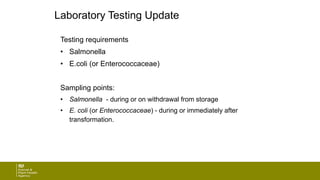 Laboratory Testing Update
Testing requirements
• Salmonella
• E.coli (or Enterococcaceae)
Sampling points:
• Salmonella - during or on withdrawal from storage
• E. coli (or Enterococcaceae) - during or immediately after
transformation.
 