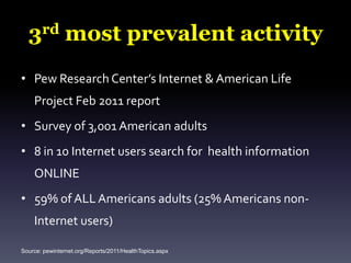120,000 ideasHealth 2.0Information: resources and sharingMedical educationCollaboration and practiceDisease managementResearch & data sharingProfessional Development & NetworkingSource: http://en.wikipedia.org.wiki/Health_2.0, health20.org/images/ c/c1/Virtuous_Cycle.png