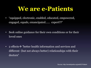 Social Media for Health Information94% use Facebook32% use YouTube18% use MySpace or TwitterAverage age: 41 yrAverage income: >$75KNational Research Corporation Survey23,000 Americans41% use social media Source: CNN Health, thechart.blogs..cnn.com,3/4/2011