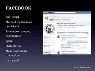 FacebookMore than 550 million active users50% of active users are logged on in any given dayFastest growing demographic is age 35 and older; second is 55-65 year olds (Fastest growing segment is 55-65 year old females)Median user age: 33Average user has 130 friends, creates 90 pieces of content/monthWorldwide, more than 8 billion minutes a day spent on Facebook, yielding over 60 million status updates each dayMost popular site to share photos(comScore 2009)More than 100 million photos uploaded each day3rd most popular site to view online video (Nielson VideoCensus, Nov 2009)Source: www.facebook.com/press/info.php?statistics