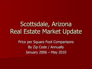 Scottsdale, Arizona Real Estate Market Update Price per Square Foot Comparisons By Zip Code / Annually January 2007 – May 2010 Prepared by Dru Bloomfield AtHomeInScottsdale.com 6/21/2010 