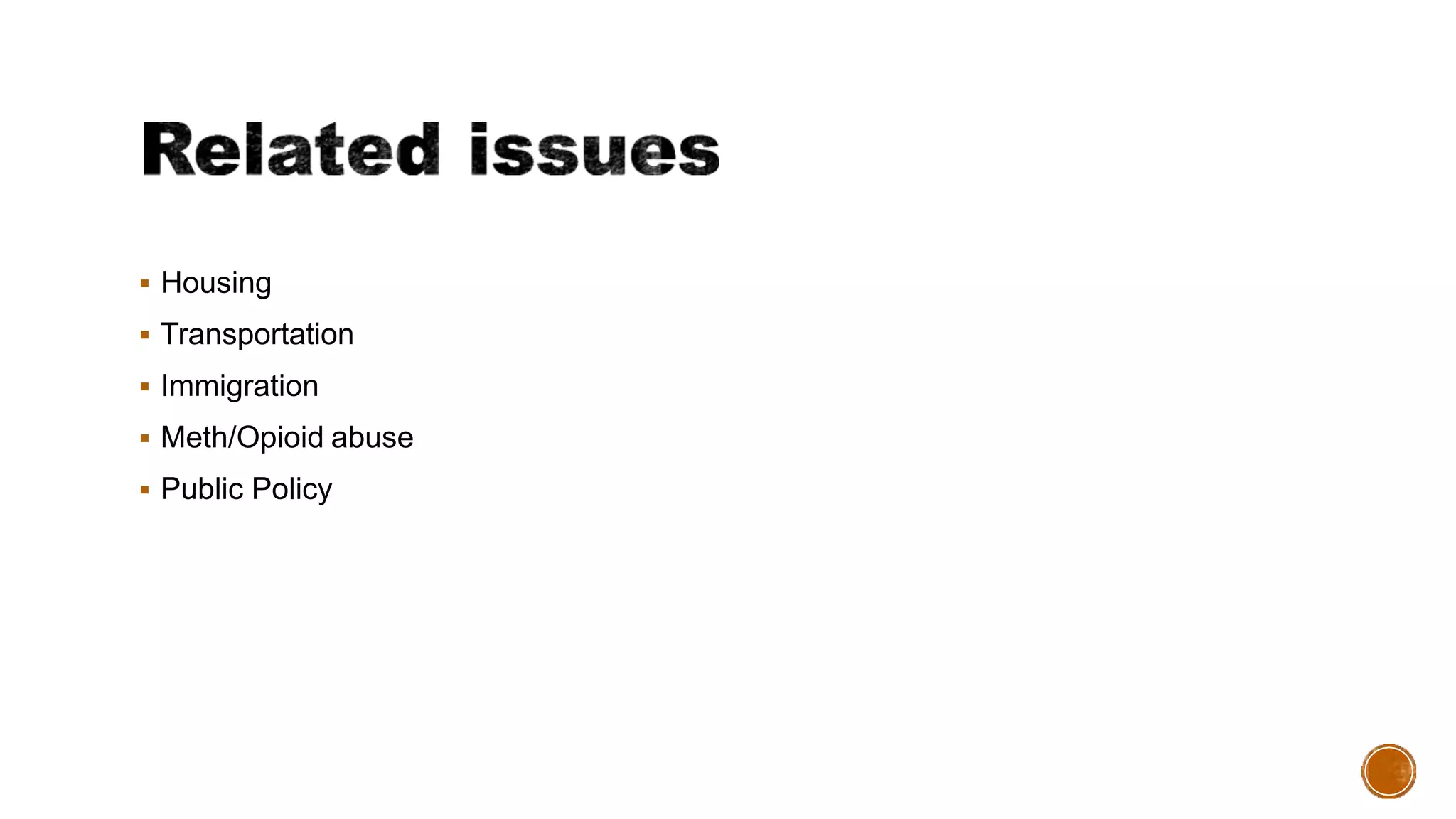  Housing
 Transportation
 Immigration
 Meth/Opioid abuse
 Public Policy
 