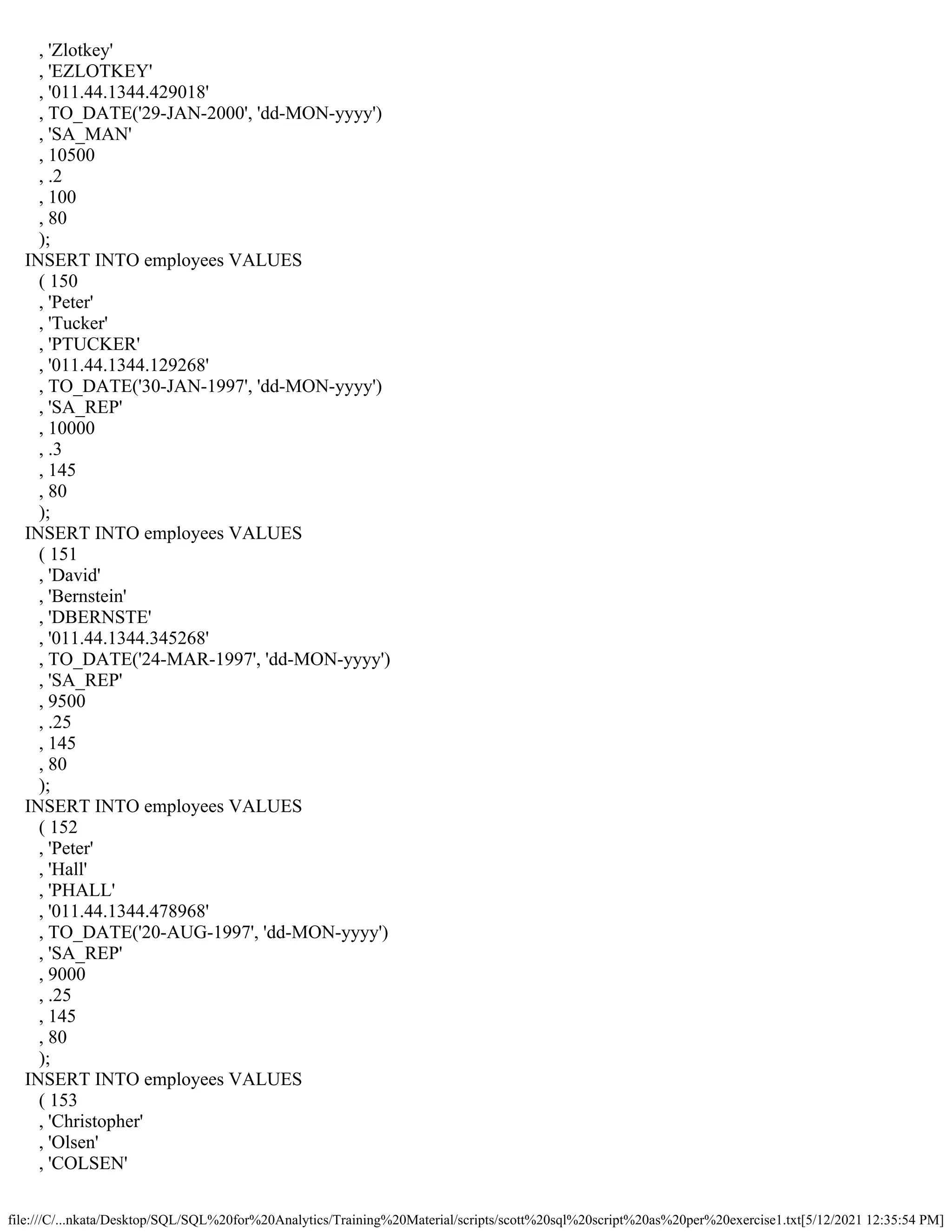 file:///C/...nkata/Desktop/SQL/SQL%20for%20Analytics/Training%20Material/scripts/scott%20sql%20script%20as%20per%20exercise1.txt[5/12/2021 12:35:54 PM]
, 'Zlotkey'
, 'EZLOTKEY'
, '011.44.1344.429018'
, TO_DATE('29-JAN-2000', 'dd-MON-yyyy')
, 'SA_MAN'
, 10500
, .2
, 100
, 80
);
INSERT INTO employees VALUES
( 150
, 'Peter'
, 'Tucker'
, 'PTUCKER'
, '011.44.1344.129268'
, TO_DATE('30-JAN-1997', 'dd-MON-yyyy')
, 'SA_REP'
, 10000
, .3
, 145
, 80
);
INSERT INTO employees VALUES
( 151
, 'David'
, 'Bernstein'
, 'DBERNSTE'
, '011.44.1344.345268'
, TO_DATE('24-MAR-1997', 'dd-MON-yyyy')
, 'SA_REP'
, 9500
, .25
, 145
, 80
);
INSERT INTO employees VALUES
( 152
, 'Peter'
, 'Hall'
, 'PHALL'
, '011.44.1344.478968'
, TO_DATE('20-AUG-1997', 'dd-MON-yyyy')
, 'SA_REP'
, 9000
, .25
, 145
, 80
);
INSERT INTO employees VALUES
( 153
, 'Christopher'
, 'Olsen'
, 'COLSEN'
 