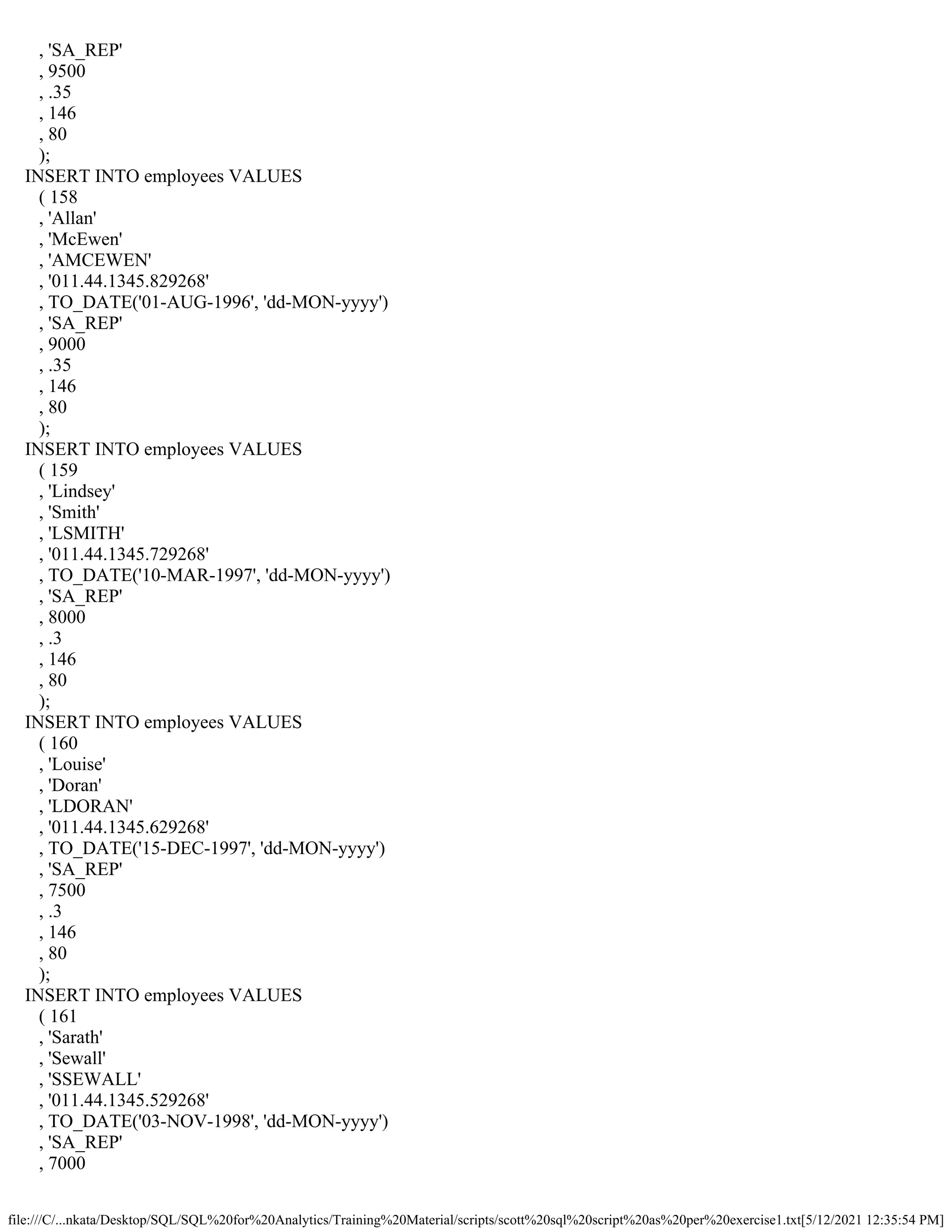 file:///C/...nkata/Desktop/SQL/SQL%20for%20Analytics/Training%20Material/scripts/scott%20sql%20script%20as%20per%20exercise1.txt[5/12/2021 12:35:54 PM]
, 'SA_REP'
, 9500
, .35
, 146
, 80
);
INSERT INTO employees VALUES
( 158
, 'Allan'
, 'McEwen'
, 'AMCEWEN'
, '011.44.1345.829268'
, TO_DATE('01-AUG-1996', 'dd-MON-yyyy')
, 'SA_REP'
, 9000
, .35
, 146
, 80
);
INSERT INTO employees VALUES
( 159
, 'Lindsey'
, 'Smith'
, 'LSMITH'
, '011.44.1345.729268'
, TO_DATE('10-MAR-1997', 'dd-MON-yyyy')
, 'SA_REP'
, 8000
, .3
, 146
, 80
);
INSERT INTO employees VALUES
( 160
, 'Louise'
, 'Doran'
, 'LDORAN'
, '011.44.1345.629268'
, TO_DATE('15-DEC-1997', 'dd-MON-yyyy')
, 'SA_REP'
, 7500
, .3
, 146
, 80
);
INSERT INTO employees VALUES
( 161
, 'Sarath'
, 'Sewall'
, 'SSEWALL'
, '011.44.1345.529268'
, TO_DATE('03-NOV-1998', 'dd-MON-yyyy')
, 'SA_REP'
, 7000
 