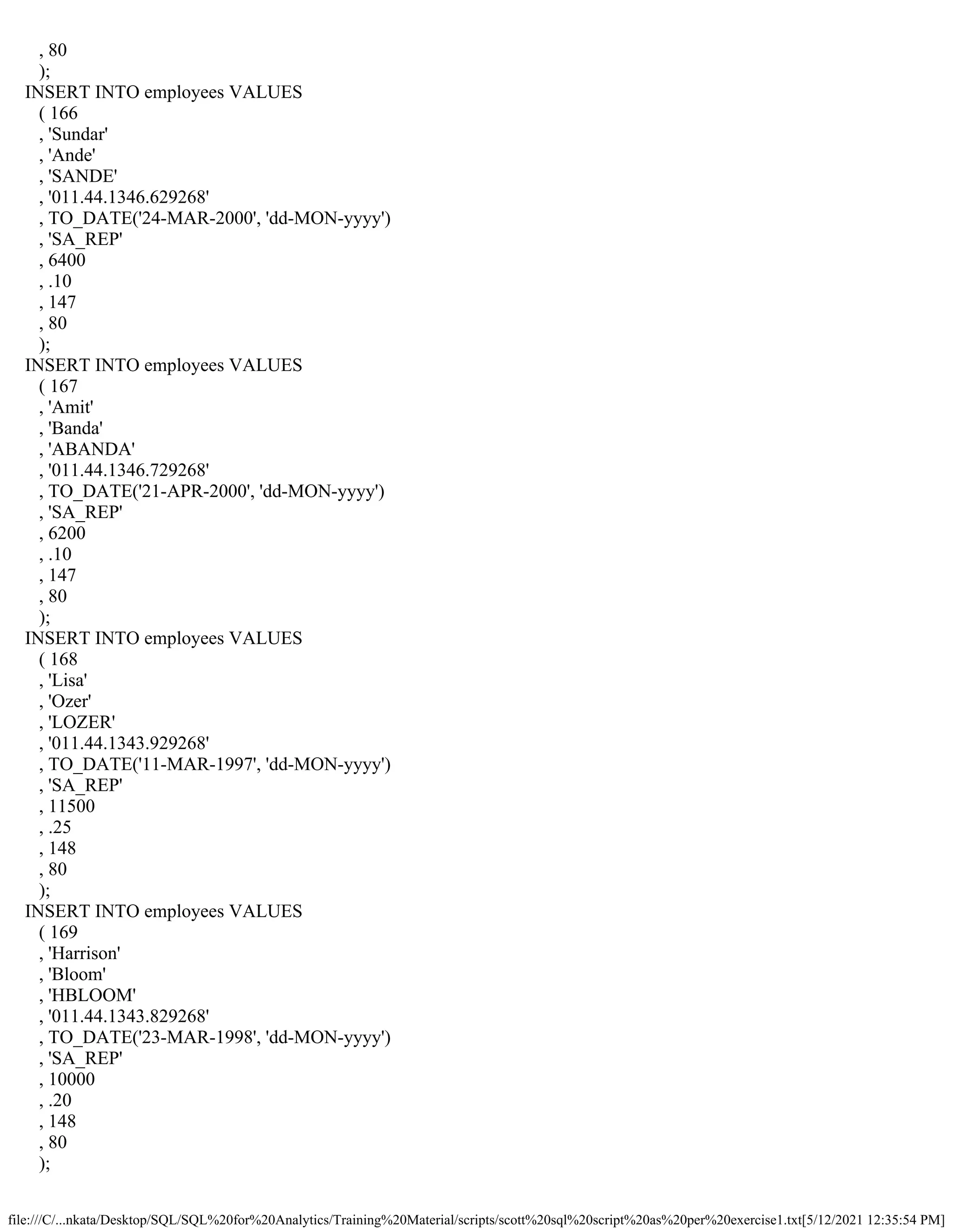 file:///C/...nkata/Desktop/SQL/SQL%20for%20Analytics/Training%20Material/scripts/scott%20sql%20script%20as%20per%20exercise1.txt[5/12/2021 12:35:54 PM]
, 80
);
INSERT INTO employees VALUES
( 166
, 'Sundar'
, 'Ande'
, 'SANDE'
, '011.44.1346.629268'
, TO_DATE('24-MAR-2000', 'dd-MON-yyyy')
, 'SA_REP'
, 6400
, .10
, 147
, 80
);
INSERT INTO employees VALUES
( 167
, 'Amit'
, 'Banda'
, 'ABANDA'
, '011.44.1346.729268'
, TO_DATE('21-APR-2000', 'dd-MON-yyyy')
, 'SA_REP'
, 6200
, .10
, 147
, 80
);
INSERT INTO employees VALUES
( 168
, 'Lisa'
, 'Ozer'
, 'LOZER'
, '011.44.1343.929268'
, TO_DATE('11-MAR-1997', 'dd-MON-yyyy')
, 'SA_REP'
, 11500
, .25
, 148
, 80
);
INSERT INTO employees VALUES
( 169
, 'Harrison'
, 'Bloom'
, 'HBLOOM'
, '011.44.1343.829268'
, TO_DATE('23-MAR-1998', 'dd-MON-yyyy')
, 'SA_REP'
, 10000
, .20
, 148
, 80
);
 
