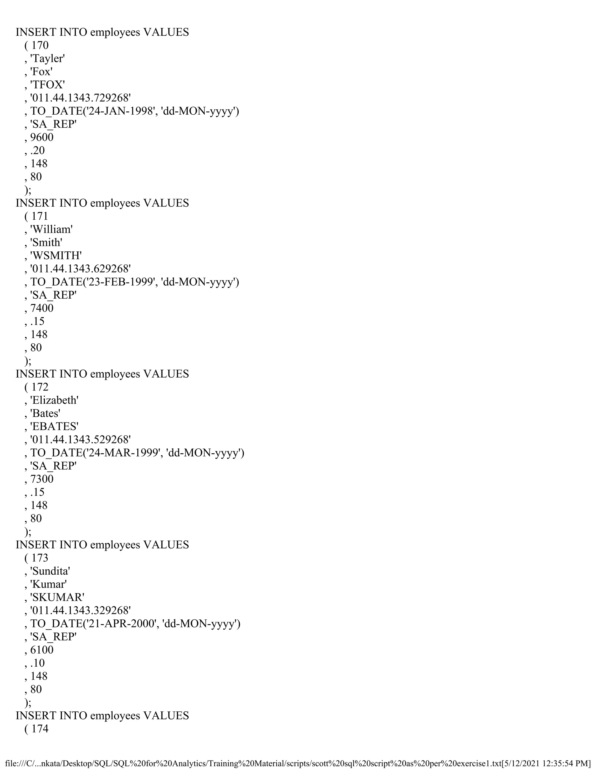 file:///C/...nkata/Desktop/SQL/SQL%20for%20Analytics/Training%20Material/scripts/scott%20sql%20script%20as%20per%20exercise1.txt[5/12/2021 12:35:54 PM]
INSERT INTO employees VALUES
( 170
, 'Tayler'
, 'Fox'
, 'TFOX'
, '011.44.1343.729268'
, TO_DATE('24-JAN-1998', 'dd-MON-yyyy')
, 'SA_REP'
, 9600
, .20
, 148
, 80
);
INSERT INTO employees VALUES
( 171
, 'William'
, 'Smith'
, 'WSMITH'
, '011.44.1343.629268'
, TO_DATE('23-FEB-1999', 'dd-MON-yyyy')
, 'SA_REP'
, 7400
, .15
, 148
, 80
);
INSERT INTO employees VALUES
( 172
, 'Elizabeth'
, 'Bates'
, 'EBATES'
, '011.44.1343.529268'
, TO_DATE('24-MAR-1999', 'dd-MON-yyyy')
, 'SA_REP'
, 7300
, .15
, 148
, 80
);
INSERT INTO employees VALUES
( 173
, 'Sundita'
, 'Kumar'
, 'SKUMAR'
, '011.44.1343.329268'
, TO_DATE('21-APR-2000', 'dd-MON-yyyy')
, 'SA_REP'
, 6100
, .10
, 148
, 80
);
INSERT INTO employees VALUES
( 174
 