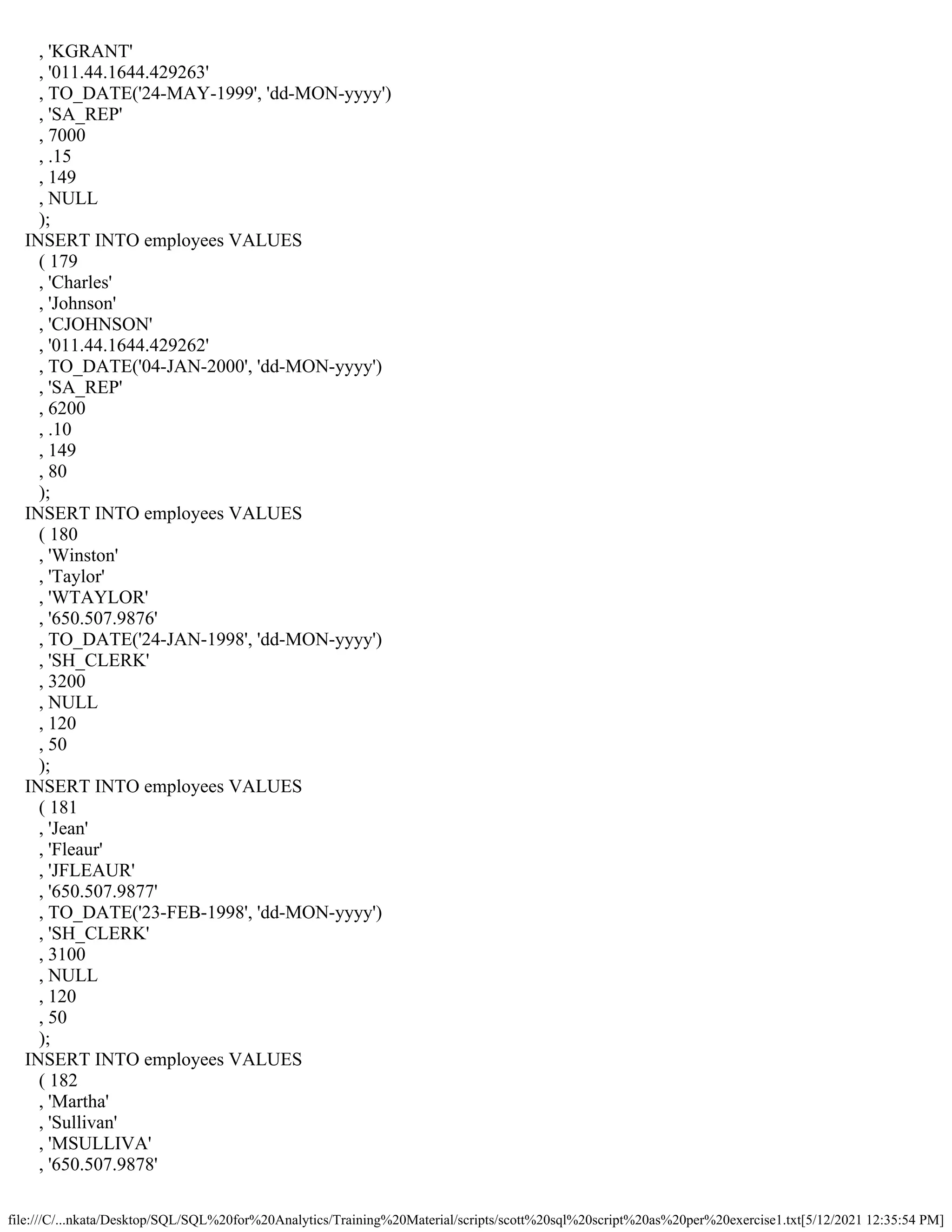 file:///C/...nkata/Desktop/SQL/SQL%20for%20Analytics/Training%20Material/scripts/scott%20sql%20script%20as%20per%20exercise1.txt[5/12/2021 12:35:54 PM]
, 'KGRANT'
, '011.44.1644.429263'
, TO_DATE('24-MAY-1999', 'dd-MON-yyyy')
, 'SA_REP'
, 7000
, .15
, 149
, NULL
);
INSERT INTO employees VALUES
( 179
, 'Charles'
, 'Johnson'
, 'CJOHNSON'
, '011.44.1644.429262'
, TO_DATE('04-JAN-2000', 'dd-MON-yyyy')
, 'SA_REP'
, 6200
, .10
, 149
, 80
);
INSERT INTO employees VALUES
( 180
, 'Winston'
, 'Taylor'
, 'WTAYLOR'
, '650.507.9876'
, TO_DATE('24-JAN-1998', 'dd-MON-yyyy')
, 'SH_CLERK'
, 3200
, NULL
, 120
, 50
);
INSERT INTO employees VALUES
( 181
, 'Jean'
, 'Fleaur'
, 'JFLEAUR'
, '650.507.9877'
, TO_DATE('23-FEB-1998', 'dd-MON-yyyy')
, 'SH_CLERK'
, 3100
, NULL
, 120
, 50
);
INSERT INTO employees VALUES
( 182
, 'Martha'
, 'Sullivan'
, 'MSULLIVA'
, '650.507.9878'
 