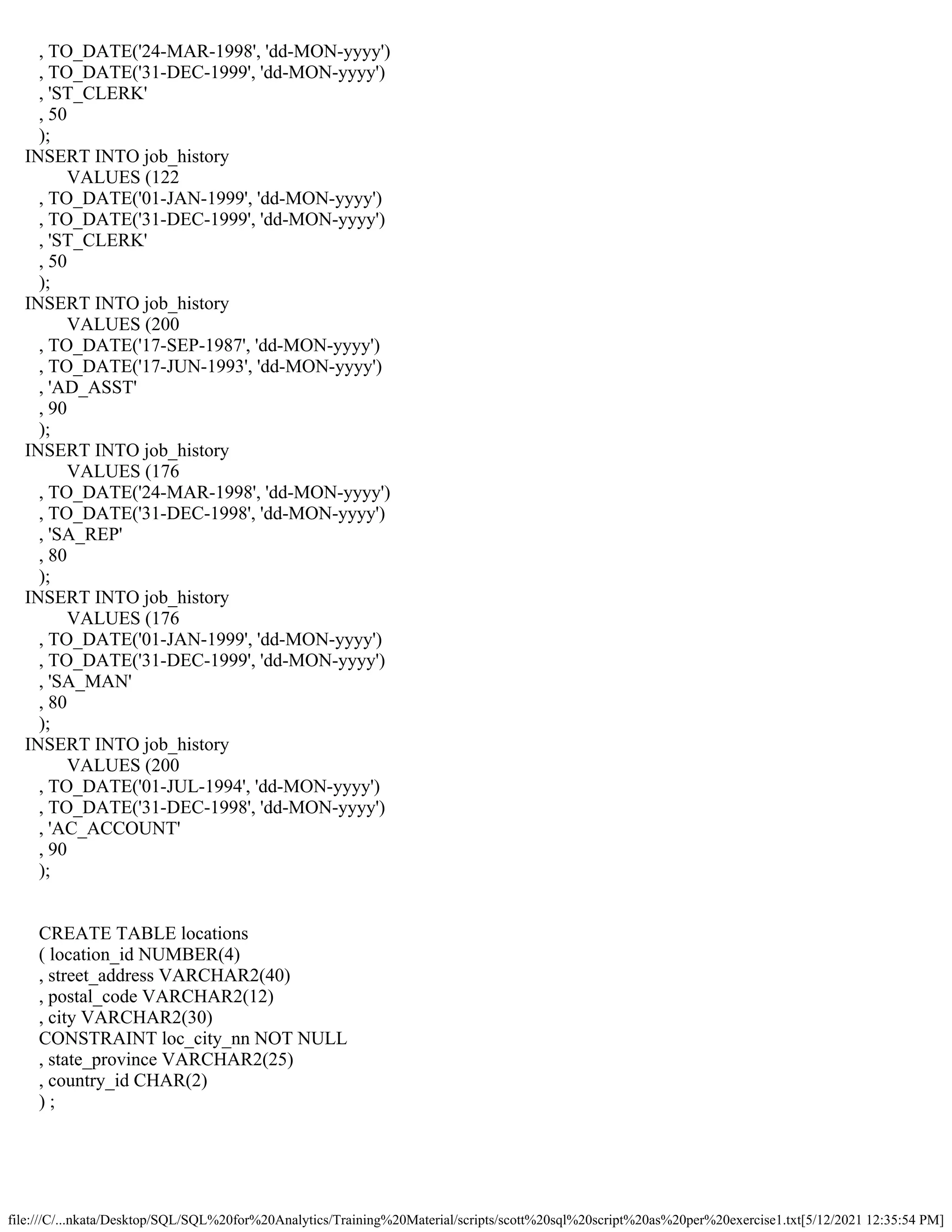 file:///C/...nkata/Desktop/SQL/SQL%20for%20Analytics/Training%20Material/scripts/scott%20sql%20script%20as%20per%20exercise1.txt[5/12/2021 12:35:54 PM]
, TO_DATE('24-MAR-1998', 'dd-MON-yyyy')
, TO_DATE('31-DEC-1999', 'dd-MON-yyyy')
, 'ST_CLERK'
, 50
);
INSERT INTO job_history
VALUES (122
, TO_DATE('01-JAN-1999', 'dd-MON-yyyy')
, TO_DATE('31-DEC-1999', 'dd-MON-yyyy')
, 'ST_CLERK'
, 50
);
INSERT INTO job_history
VALUES (200
, TO_DATE('17-SEP-1987', 'dd-MON-yyyy')
, TO_DATE('17-JUN-1993', 'dd-MON-yyyy')
, 'AD_ASST'
, 90
);
INSERT INTO job_history
VALUES (176
, TO_DATE('24-MAR-1998', 'dd-MON-yyyy')
, TO_DATE('31-DEC-1998', 'dd-MON-yyyy')
, 'SA_REP'
, 80
);
INSERT INTO job_history
VALUES (176
, TO_DATE('01-JAN-1999', 'dd-MON-yyyy')
, TO_DATE('31-DEC-1999', 'dd-MON-yyyy')
, 'SA_MAN'
, 80
);
INSERT INTO job_history
VALUES (200
, TO_DATE('01-JUL-1994', 'dd-MON-yyyy')
, TO_DATE('31-DEC-1998', 'dd-MON-yyyy')
, 'AC_ACCOUNT'
, 90
);
CREATE TABLE locations
( location_id NUMBER(4)
, street_address VARCHAR2(40)
, postal_code VARCHAR2(12)
, city VARCHAR2(30)
CONSTRAINT loc_city_nn NOT NULL
, state_province VARCHAR2(25)
, country_id CHAR(2)
) ;
 