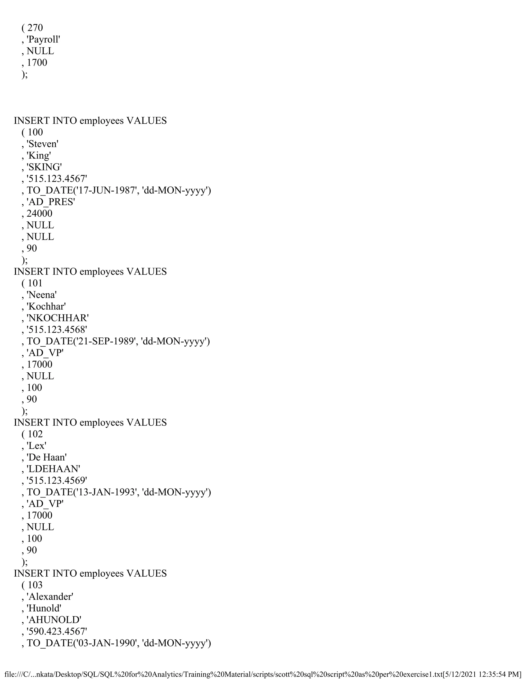 file:///C/...nkata/Desktop/SQL/SQL%20for%20Analytics/Training%20Material/scripts/scott%20sql%20script%20as%20per%20exercise1.txt[5/12/2021 12:35:54 PM]
( 270
, 'Payroll'
, NULL
, 1700
);
INSERT INTO employees VALUES
( 100
, 'Steven'
, 'King'
, 'SKING'
, '515.123.4567'
, TO_DATE('17-JUN-1987', 'dd-MON-yyyy')
, 'AD_PRES'
, 24000
, NULL
, NULL
, 90
);
INSERT INTO employees VALUES
( 101
, 'Neena'
, 'Kochhar'
, 'NKOCHHAR'
, '515.123.4568'
, TO_DATE('21-SEP-1989', 'dd-MON-yyyy')
, 'AD_VP'
, 17000
, NULL
, 100
, 90
);
INSERT INTO employees VALUES
( 102
, 'Lex'
, 'De Haan'
, 'LDEHAAN'
, '515.123.4569'
, TO_DATE('13-JAN-1993', 'dd-MON-yyyy')
, 'AD_VP'
, 17000
, NULL
, 100
, 90
);
INSERT INTO employees VALUES
( 103
, 'Alexander'
, 'Hunold'
, 'AHUNOLD'
, '590.423.4567'
, TO_DATE('03-JAN-1990', 'dd-MON-yyyy')
 