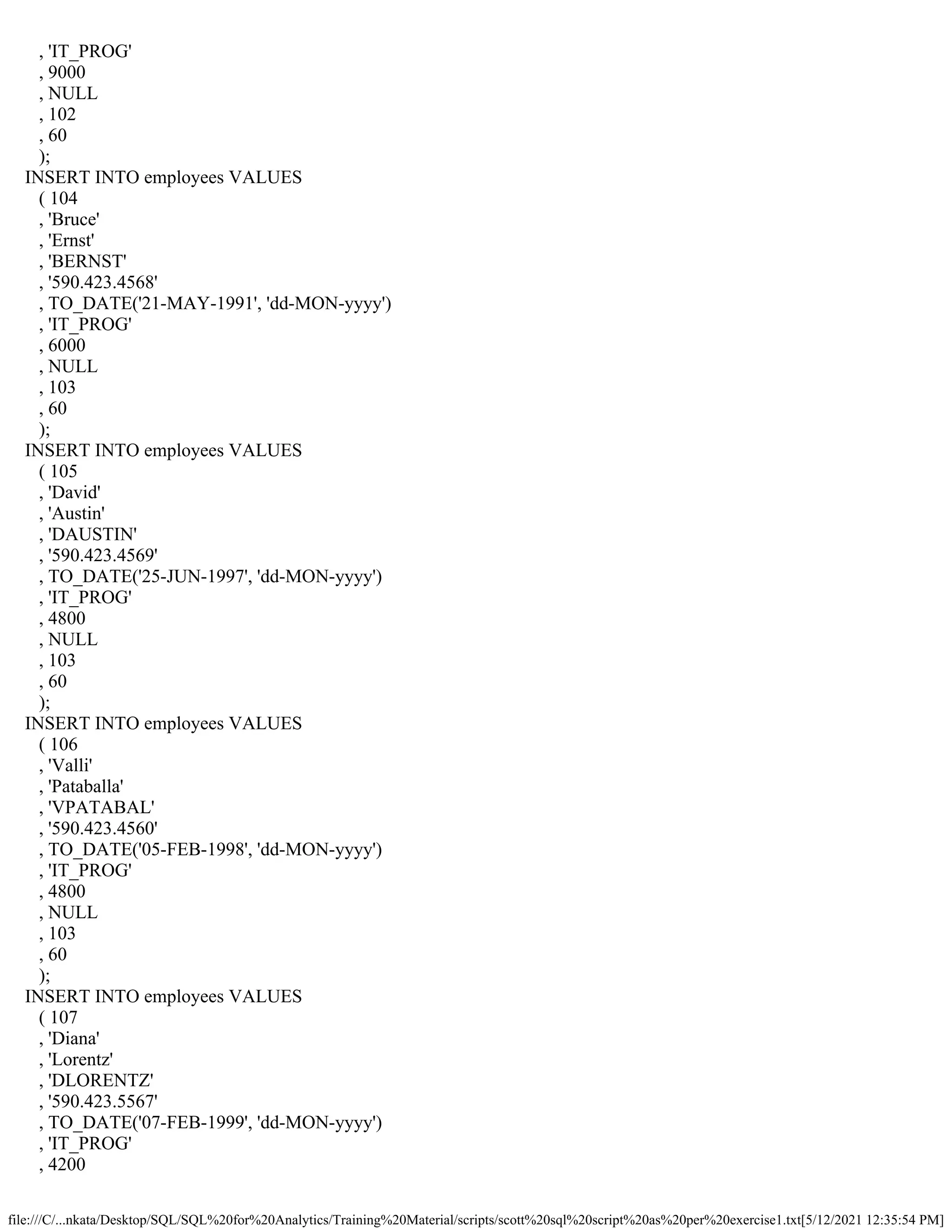 file:///C/...nkata/Desktop/SQL/SQL%20for%20Analytics/Training%20Material/scripts/scott%20sql%20script%20as%20per%20exercise1.txt[5/12/2021 12:35:54 PM]
, 'IT_PROG'
, 9000
, NULL
, 102
, 60
);
INSERT INTO employees VALUES
( 104
, 'Bruce'
, 'Ernst'
, 'BERNST'
, '590.423.4568'
, TO_DATE('21-MAY-1991', 'dd-MON-yyyy')
, 'IT_PROG'
, 6000
, NULL
, 103
, 60
);
INSERT INTO employees VALUES
( 105
, 'David'
, 'Austin'
, 'DAUSTIN'
, '590.423.4569'
, TO_DATE('25-JUN-1997', 'dd-MON-yyyy')
, 'IT_PROG'
, 4800
, NULL
, 103
, 60
);
INSERT INTO employees VALUES
( 106
, 'Valli'
, 'Pataballa'
, 'VPATABAL'
, '590.423.4560'
, TO_DATE('05-FEB-1998', 'dd-MON-yyyy')
, 'IT_PROG'
, 4800
, NULL
, 103
, 60
);
INSERT INTO employees VALUES
( 107
, 'Diana'
, 'Lorentz'
, 'DLORENTZ'
, '590.423.5567'
, TO_DATE('07-FEB-1999', 'dd-MON-yyyy')
, 'IT_PROG'
, 4200
 