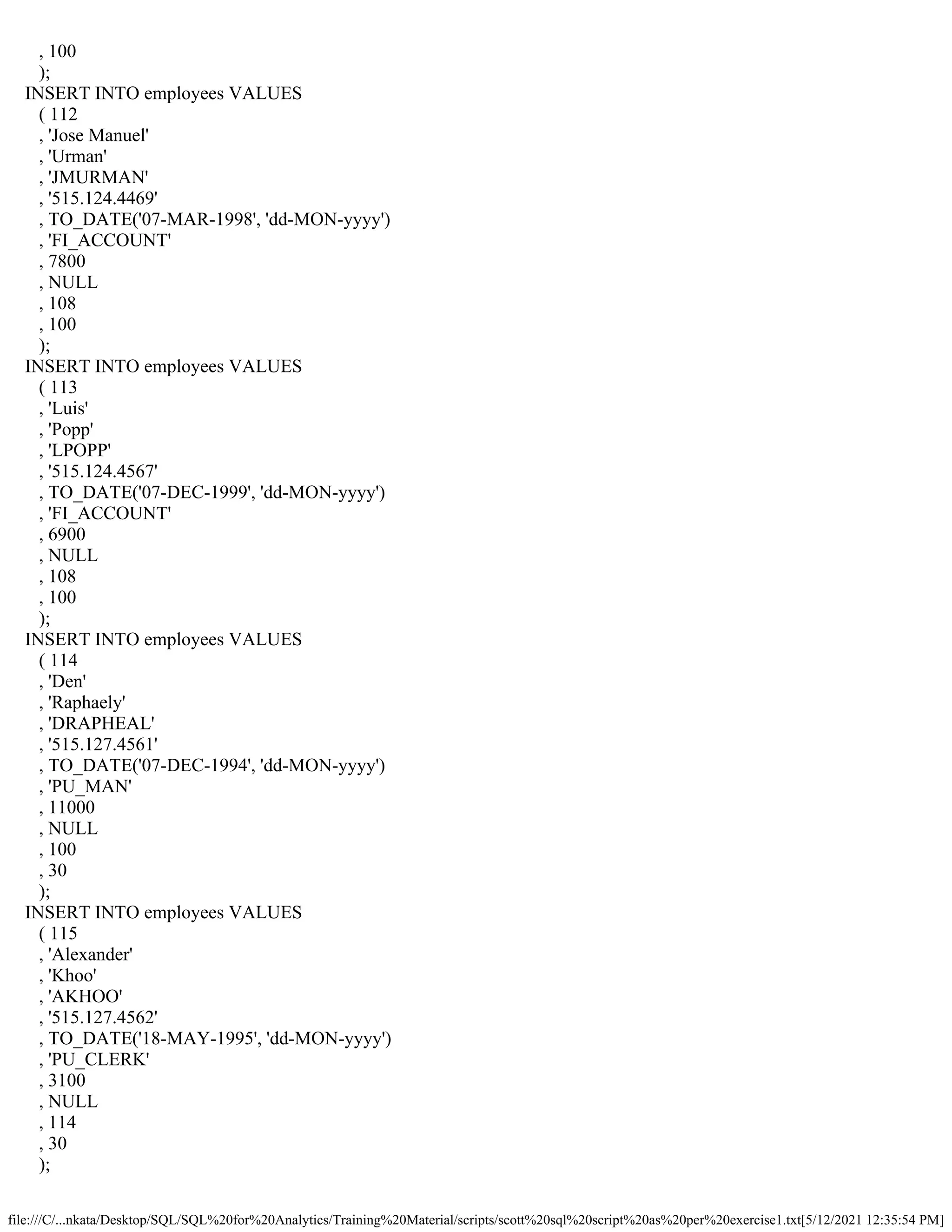 file:///C/...nkata/Desktop/SQL/SQL%20for%20Analytics/Training%20Material/scripts/scott%20sql%20script%20as%20per%20exercise1.txt[5/12/2021 12:35:54 PM]
, 100
);
INSERT INTO employees VALUES
( 112
, 'Jose Manuel'
, 'Urman'
, 'JMURMAN'
, '515.124.4469'
, TO_DATE('07-MAR-1998', 'dd-MON-yyyy')
, 'FI_ACCOUNT'
, 7800
, NULL
, 108
, 100
);
INSERT INTO employees VALUES
( 113
, 'Luis'
, 'Popp'
, 'LPOPP'
, '515.124.4567'
, TO_DATE('07-DEC-1999', 'dd-MON-yyyy')
, 'FI_ACCOUNT'
, 6900
, NULL
, 108
, 100
);
INSERT INTO employees VALUES
( 114
, 'Den'
, 'Raphaely'
, 'DRAPHEAL'
, '515.127.4561'
, TO_DATE('07-DEC-1994', 'dd-MON-yyyy')
, 'PU_MAN'
, 11000
, NULL
, 100
, 30
);
INSERT INTO employees VALUES
( 115
, 'Alexander'
, 'Khoo'
, 'AKHOO'
, '515.127.4562'
, TO_DATE('18-MAY-1995', 'dd-MON-yyyy')
, 'PU_CLERK'
, 3100
, NULL
, 114
, 30
);
 