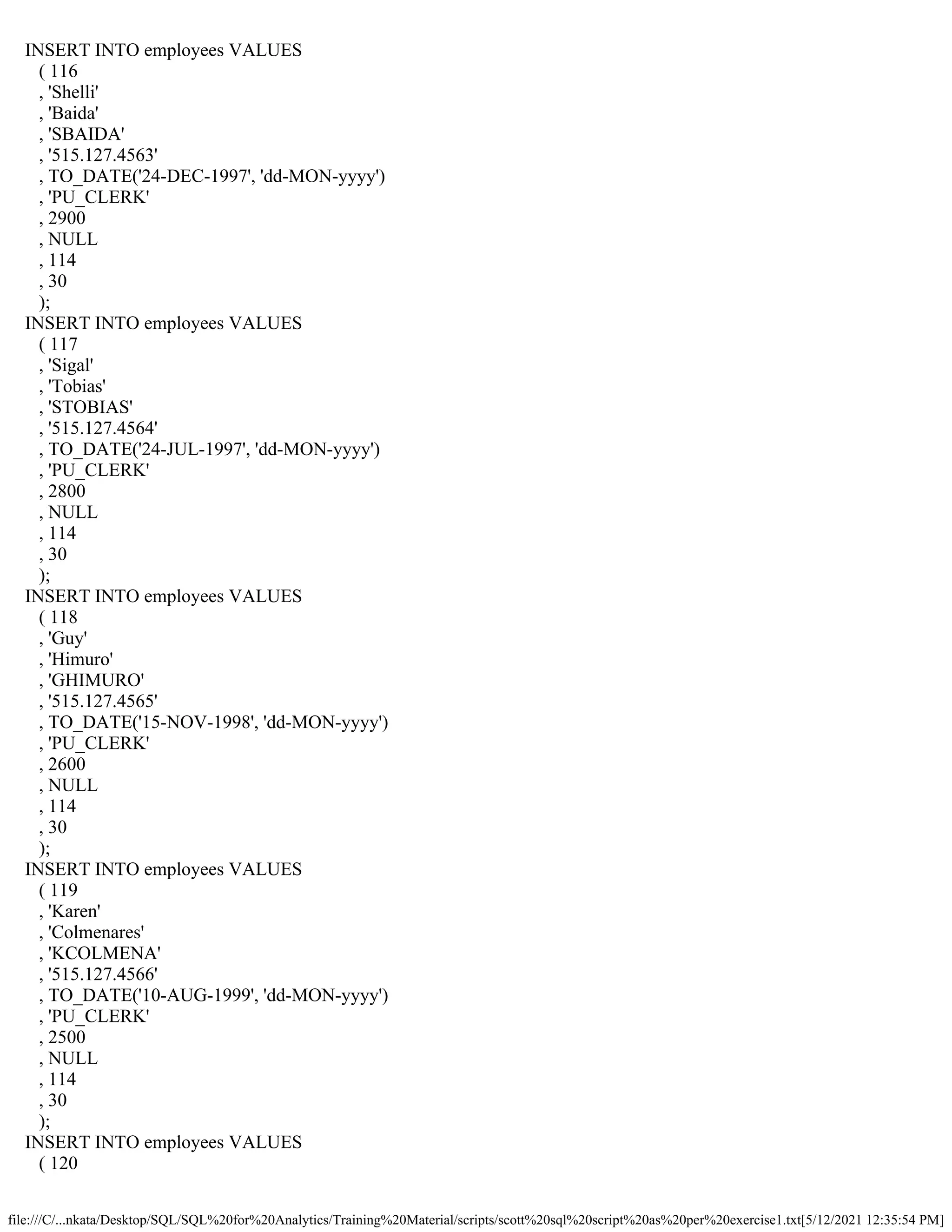 file:///C/...nkata/Desktop/SQL/SQL%20for%20Analytics/Training%20Material/scripts/scott%20sql%20script%20as%20per%20exercise1.txt[5/12/2021 12:35:54 PM]
INSERT INTO employees VALUES
( 116
, 'Shelli'
, 'Baida'
, 'SBAIDA'
, '515.127.4563'
, TO_DATE('24-DEC-1997', 'dd-MON-yyyy')
, 'PU_CLERK'
, 2900
, NULL
, 114
, 30
);
INSERT INTO employees VALUES
( 117
, 'Sigal'
, 'Tobias'
, 'STOBIAS'
, '515.127.4564'
, TO_DATE('24-JUL-1997', 'dd-MON-yyyy')
, 'PU_CLERK'
, 2800
, NULL
, 114
, 30
);
INSERT INTO employees VALUES
( 118
, 'Guy'
, 'Himuro'
, 'GHIMURO'
, '515.127.4565'
, TO_DATE('15-NOV-1998', 'dd-MON-yyyy')
, 'PU_CLERK'
, 2600
, NULL
, 114
, 30
);
INSERT INTO employees VALUES
( 119
, 'Karen'
, 'Colmenares'
, 'KCOLMENA'
, '515.127.4566'
, TO_DATE('10-AUG-1999', 'dd-MON-yyyy')
, 'PU_CLERK'
, 2500
, NULL
, 114
, 30
);
INSERT INTO employees VALUES
( 120
 