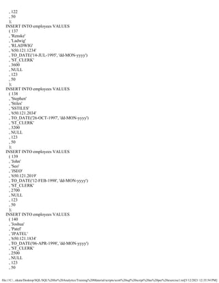 file:///C/...nkata/Desktop/SQL/SQL%20for%20Analytics/Training%20Material/scripts/scott%20sql%20script%20as%20per%20exercise1.txt[5/12/2021 12:35:54 PM]
, 122
, 50
);
INSERT INTO employees VALUES
( 137
, 'Renske'
, 'Ladwig'
, 'RLADWIG'
, '650.121.1234'
, TO_DATE('14-JUL-1995', 'dd-MON-yyyy')
, 'ST_CLERK'
, 3600
, NULL
, 123
, 50
);
INSERT INTO employees VALUES
( 138
, 'Stephen'
, 'Stiles'
, 'SSTILES'
, '650.121.2034'
, TO_DATE('26-OCT-1997', 'dd-MON-yyyy')
, 'ST_CLERK'
, 3200
, NULL
, 123
, 50
);
INSERT INTO employees VALUES
( 139
, 'John'
, 'Seo'
, 'JSEO'
, '650.121.2019'
, TO_DATE('12-FEB-1998', 'dd-MON-yyyy')
, 'ST_CLERK'
, 2700
, NULL
, 123
, 50
);
INSERT INTO employees VALUES
( 140
, 'Joshua'
, 'Patel'
, 'JPATEL'
, '650.121.1834'
, TO_DATE('06-APR-1998', 'dd-MON-yyyy')
, 'ST_CLERK'
, 2500
, NULL
, 123
, 50
 
