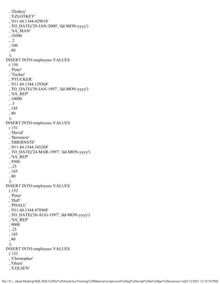 file:///C/...nkata/Desktop/SQL/SQL%20for%20Analytics/Training%20Material/scripts/scott%20sql%20script%20as%20per%20exercise1.txt[5/12/2021 12:35:54 PM]
, 'Zlotkey'
, 'EZLOTKEY'
, '011.44.1344.429018'
, TO_DATE('29-JAN-2000', 'dd-MON-yyyy')
, 'SA_MAN'
, 10500
, .2
, 100
, 80
);
INSERT INTO employees VALUES
( 150
, 'Peter'
, 'Tucker'
, 'PTUCKER'
, '011.44.1344.129268'
, TO_DATE('30-JAN-1997', 'dd-MON-yyyy')
, 'SA_REP'
, 10000
, .3
, 145
, 80
);
INSERT INTO employees VALUES
( 151
, 'David'
, 'Bernstein'
, 'DBERNSTE'
, '011.44.1344.345268'
, TO_DATE('24-MAR-1997', 'dd-MON-yyyy')
, 'SA_REP'
, 9500
, .25
, 145
, 80
);
INSERT INTO employees VALUES
( 152
, 'Peter'
, 'Hall'
, 'PHALL'
, '011.44.1344.478968'
, TO_DATE('20-AUG-1997', 'dd-MON-yyyy')
, 'SA_REP'
, 9000
, .25
, 145
, 80
);
INSERT INTO employees VALUES
( 153
, 'Christopher'
, 'Olsen'
, 'COLSEN'
 