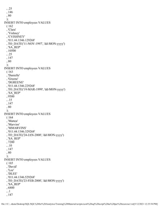 file:///C/...nkata/Desktop/SQL/SQL%20for%20Analytics/Training%20Material/scripts/scott%20sql%20script%20as%20per%20exercise1.txt[5/12/2021 12:35:54 PM]
, .25
, 146
, 80
);
INSERT INTO employees VALUES
( 162
, 'Clara'
, 'Vishney'
, 'CVISHNEY'
, '011.44.1346.129268'
, TO_DATE('11-NOV-1997', 'dd-MON-yyyy')
, 'SA_REP'
, 10500
, .25
, 147
, 80
);
INSERT INTO employees VALUES
( 163
, 'Danielle'
, 'Greene'
, 'DGREENE'
, '011.44.1346.229268'
, TO_DATE('19-MAR-1999', 'dd-MON-yyyy')
, 'SA_REP'
, 9500
, .15
, 147
, 80
);
INSERT INTO employees VALUES
( 164
, 'Mattea'
, 'Marvins'
, 'MMARVINS'
, '011.44.1346.329268'
, TO_DATE('24-JAN-2000', 'dd-MON-yyyy')
, 'SA_REP'
, 7200
, .10
, 147
, 80
);
INSERT INTO employees VALUES
( 165
, 'David'
, 'Lee'
, 'DLEE'
, '011.44.1346.529268'
, TO_DATE('23-FEB-2000', 'dd-MON-yyyy')
, 'SA_REP'
, 6800
, .1
, 147
 