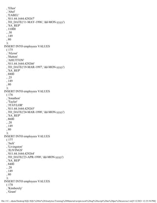 file:///C/...nkata/Desktop/SQL/SQL%20for%20Analytics/Training%20Material/scripts/scott%20sql%20script%20as%20per%20exercise1.txt[5/12/2021 12:35:54 PM]
, 'Ellen'
, 'Abel'
, 'EABEL'
, '011.44.1644.429267'
, TO_DATE('11-MAY-1996', 'dd-MON-yyyy')
, 'SA_REP'
, 11000
, .30
, 149
, 80
);
INSERT INTO employees VALUES
( 175
, 'Alyssa'
, 'Hutton'
, 'AHUTTON'
, '011.44.1644.429266'
, TO_DATE('19-MAR-1997', 'dd-MON-yyyy')
, 'SA_REP'
, 8800
, .25
, 149
, 80
);
INSERT INTO employees VALUES
( 176
, 'Jonathon'
, 'Taylor'
, 'JTAYLOR'
, '011.44.1644.429265'
, TO_DATE('24-MAR-1998', 'dd-MON-yyyy')
, 'SA_REP'
, 8600
, .20
, 149
, 80
);
INSERT INTO employees VALUES
( 177
, 'Jack'
, 'Livingston'
, 'JLIVINGS'
, '011.44.1644.429264'
, TO_DATE('23-APR-1998', 'dd-MON-yyyy')
, 'SA_REP'
, 8400
, .20
, 149
, 80
);
INSERT INTO employees VALUES
( 178
, 'Kimberely'
, 'Grant'
 