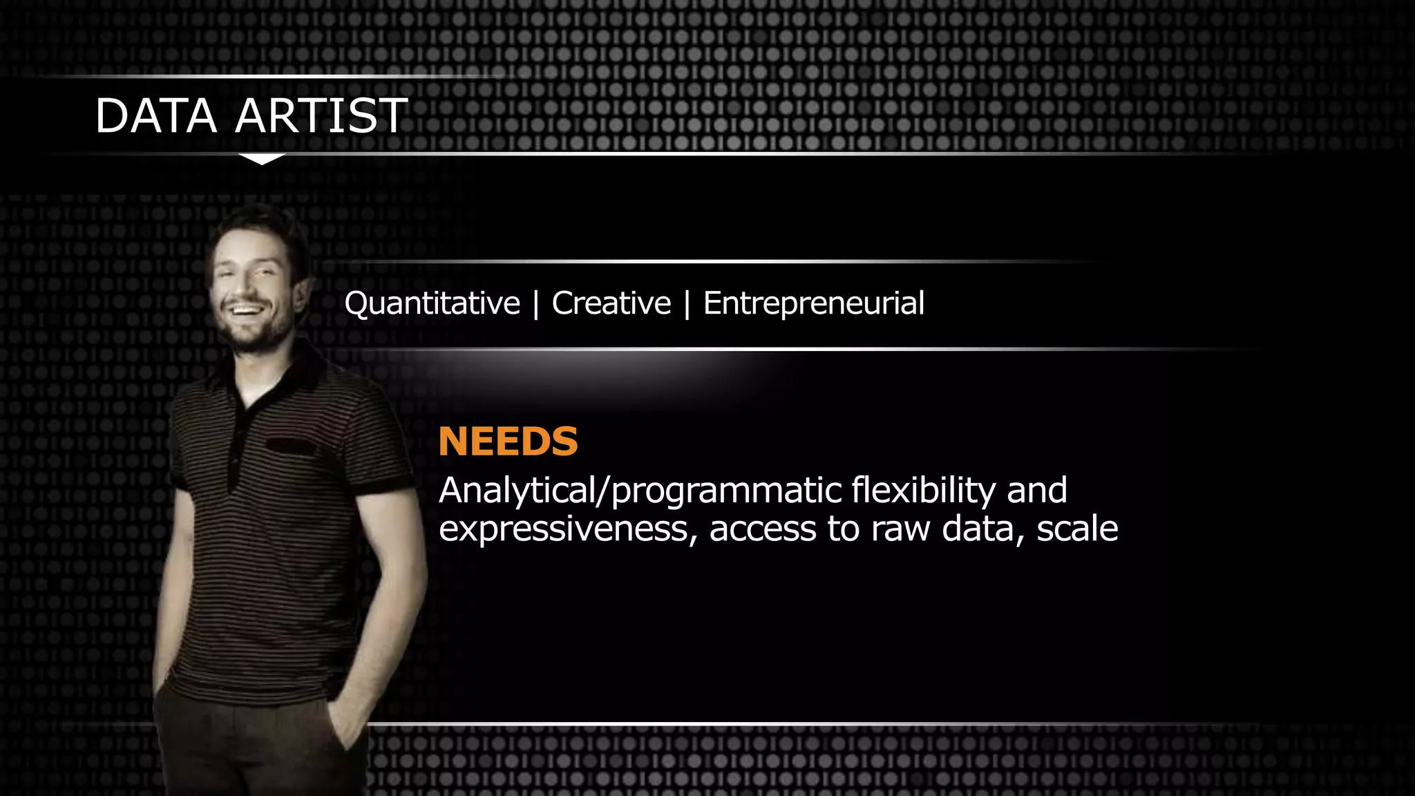 DATA ARTIST
Quantitative | Creative | Entrepreneurial
Analytical/programmatic flexibility and
expressiveness, access to raw data, scale
NEEDS
 