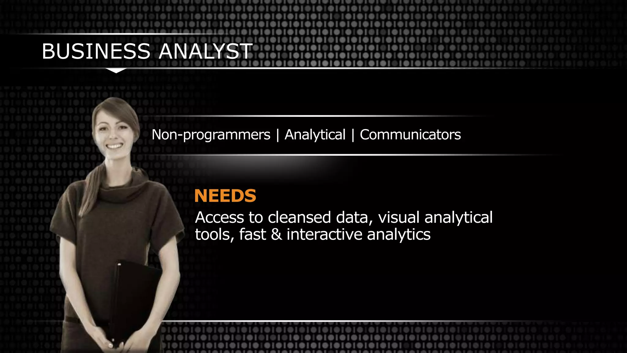 BUSINESS ANALYST
NEEDS
Access to cleansed data, visual analytical
tools, fast & interactive analytics
Non-programmers | Analytical | Communicators
 