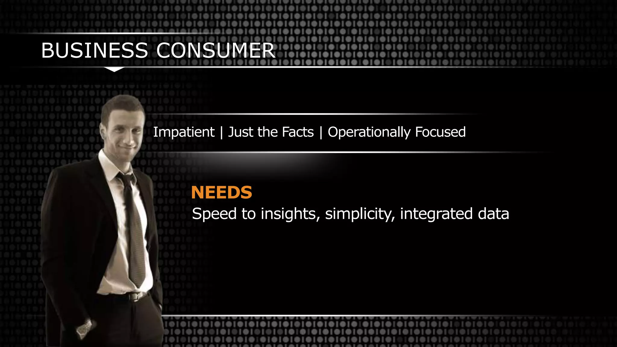 BUSINESS CONSUMER
NEEDS
Speed to insights, simplicity, integrated data
Impatient | Just the Facts | Operationally Focused
 