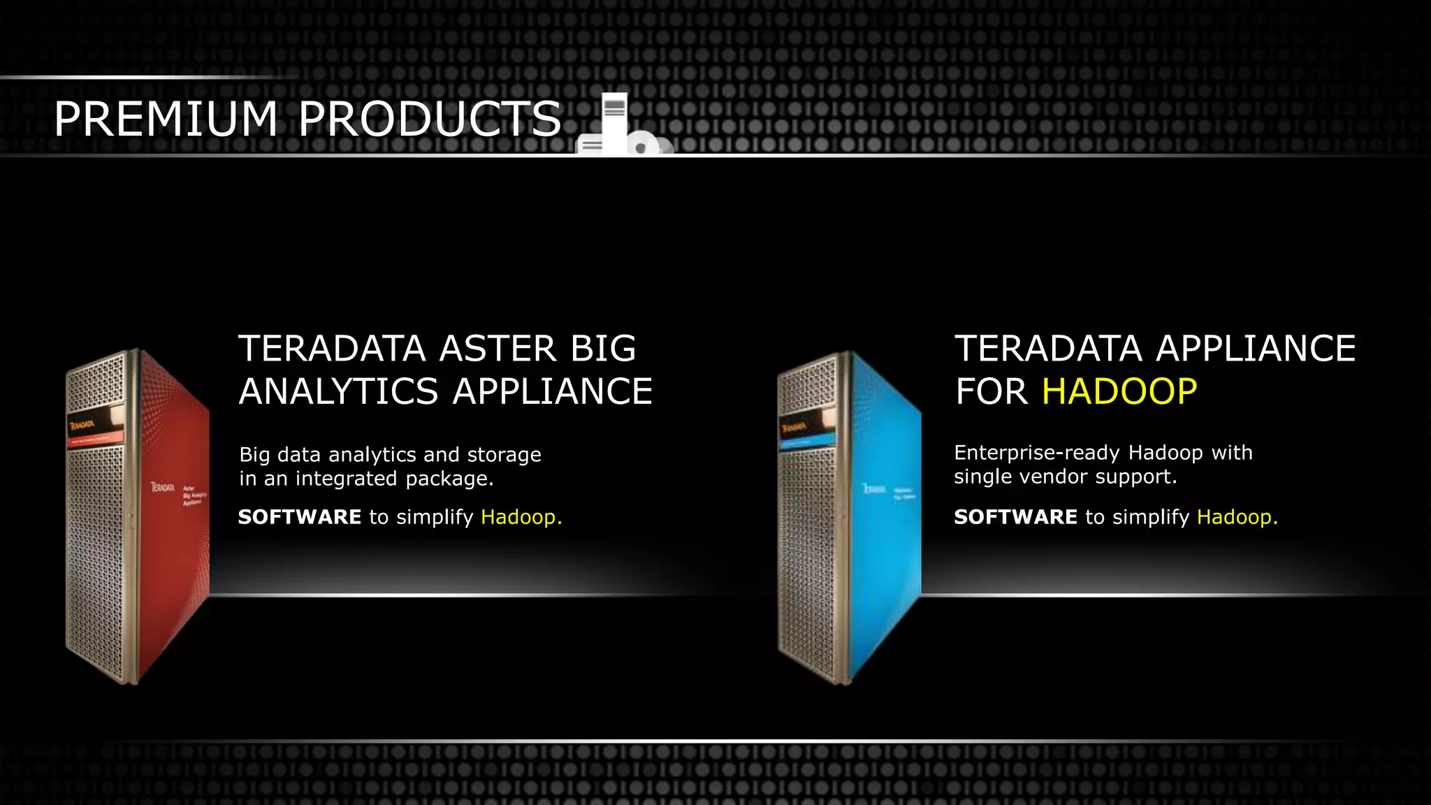 PREMIUM PRODUCTS
Big data analytics and storage
in an integrated package.
Enterprise-ready Hadoop with
single vendor support.
TERADATA ASTER BIG
ANALYTICS APPLIANCE
TERADATA APPLIANCE
FOR HADOOP
SOFTWARE to simplify Hadoop. SOFTWARE to simplify Hadoop.
 