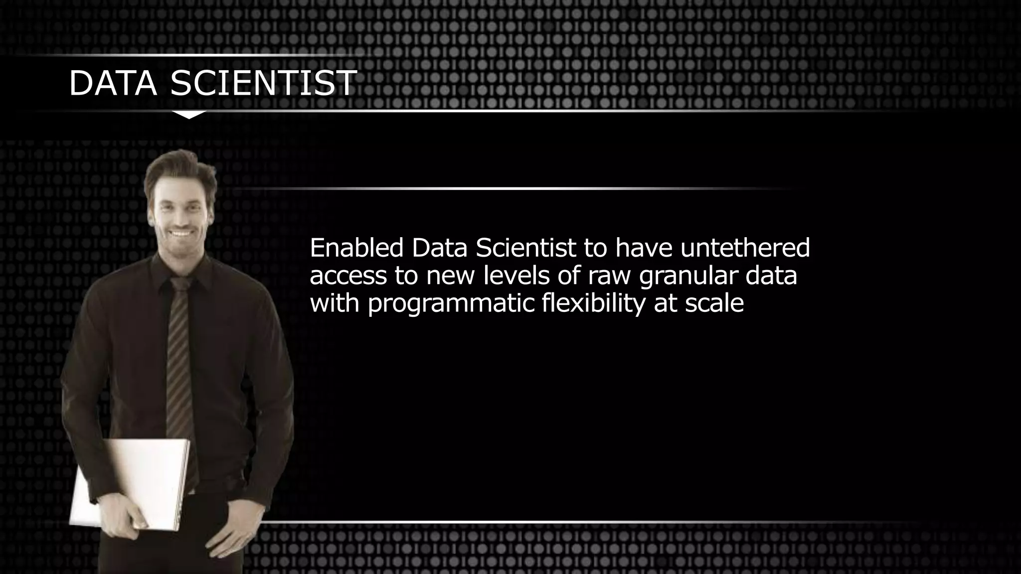 Enabled Data Scientist to have untethered
access to new levels of raw granular data
with programmatic flexibility at scale
DATA SCIENTIST
 