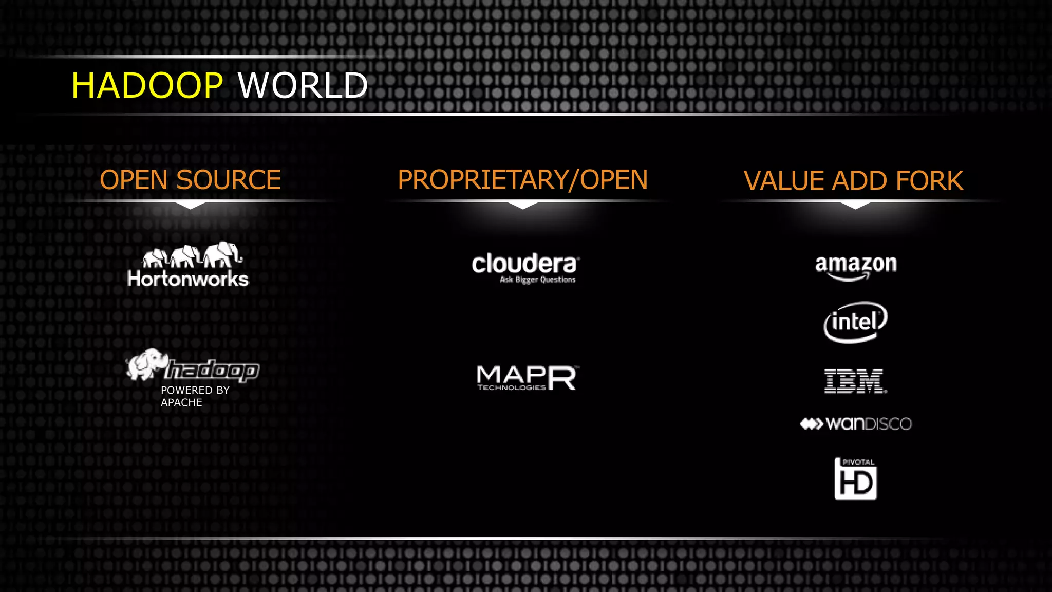 POWERED BY
APACHE
OPEN SOURCE
HADOOP WORLD
PROPRIETARY/OPEN VALUE ADD FORK
 