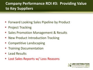 Company Performance ROI #3: Providing Value
to Key Suppliers









Forward Looking Sales Pipeline by Product
Pr...