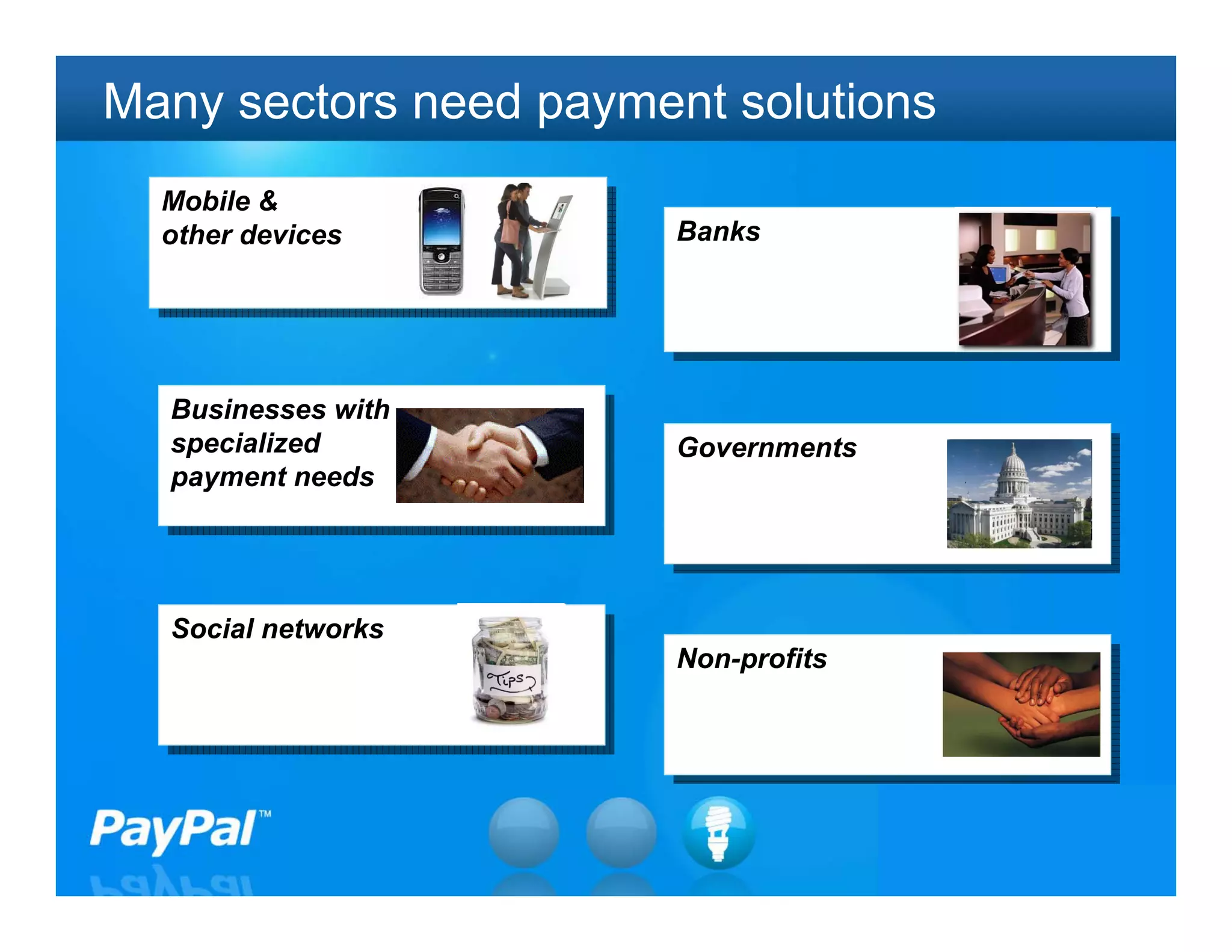 Many sectors need payment solutions
  Mobile &
   Mobile &
  other devices
   other devices        Banks
                        Banks




  Businesses with
   Businesses with
  specialized
   specialized          Governments
                        Governments
  payment needs
   payment needs




  Social networks
  Social networks
                        Non-profits
                        Non-profits




                                      29
 