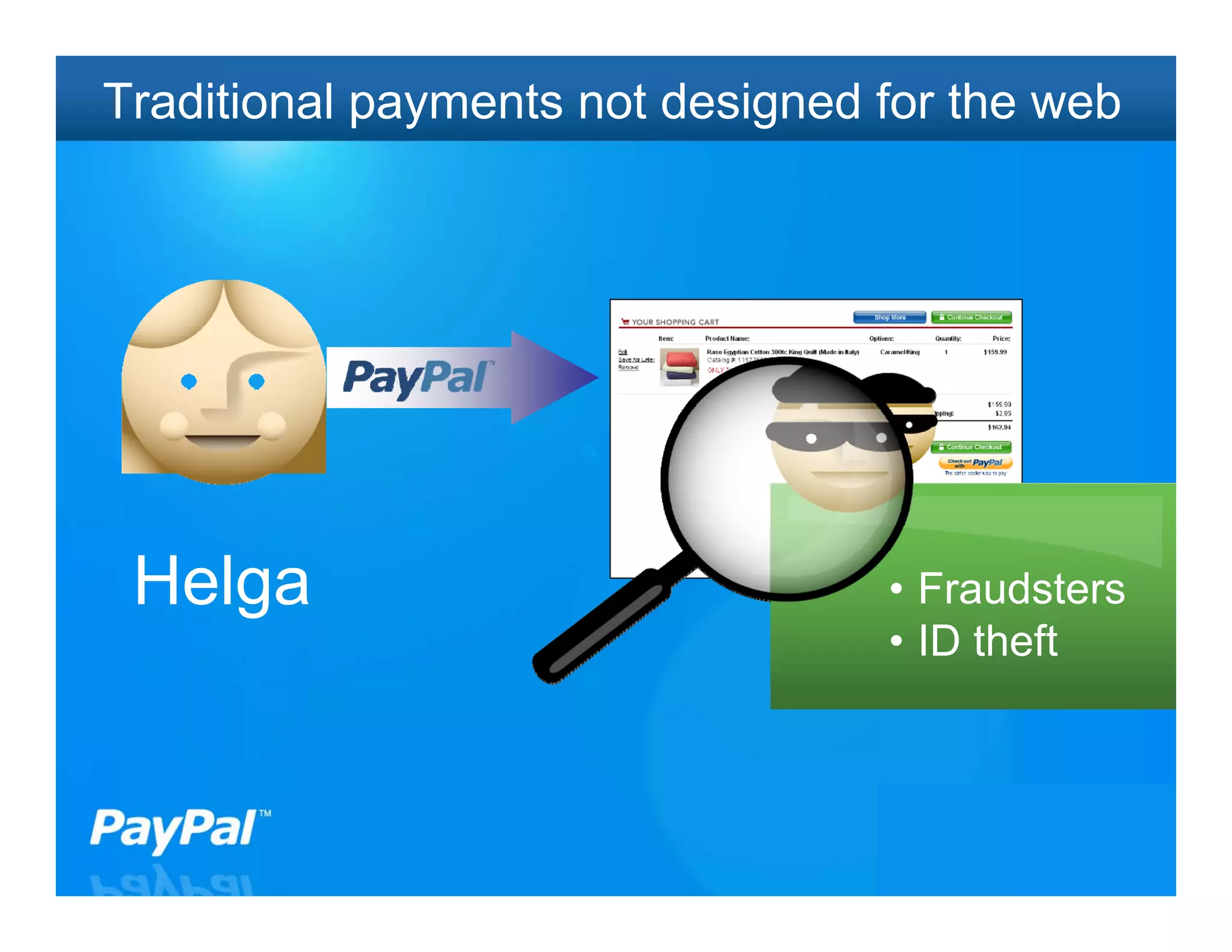 Traditional payments not designed for the web




 Helga                            • Fraudsters
                                  • ID theft



                                           7
 
