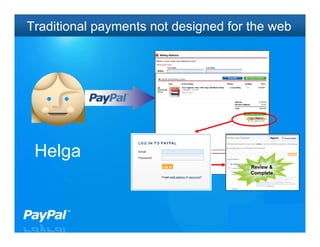 Traditional payments not designed for the web




 Helga
                                      Review &
                                      Complete




                                                 6
 
