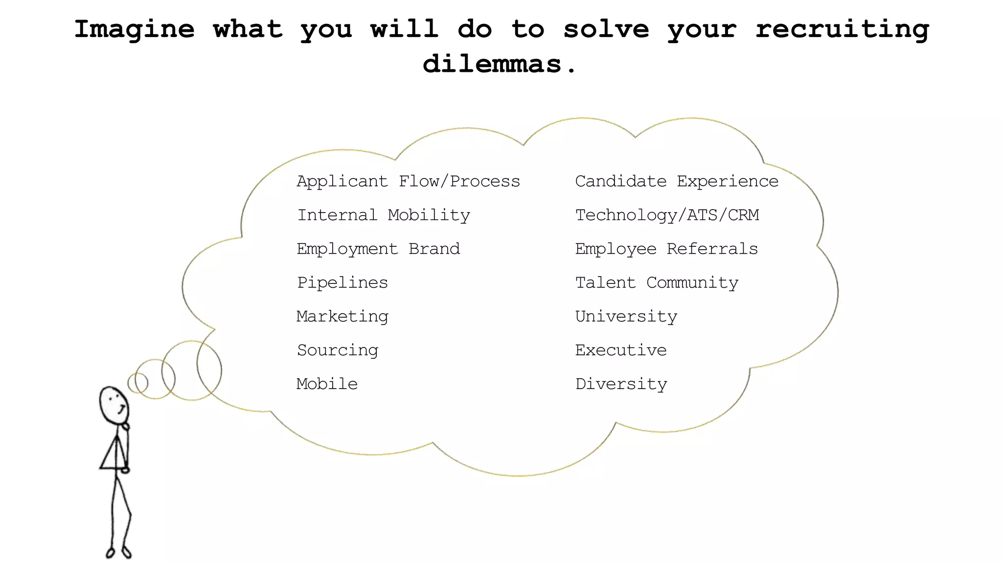 Imagine what you will do to solve your recruiting
dilemmas.
Applicant Flow/Process
Internal Mobility
Employment Brand
Pipelines
Marketing
Sourcing
Mobile
Candidate Experience
Technology/ATS/CRM
Employee Referrals
Talent Community
University
Executive
Diversity
 