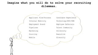 Imagine what you will do to solve your recruiting
dilemmas.
Applicant Flow/Process
Internal Mobility
Employment Brand
Pipelines
Marketing
Sourcing
Mobile
Candidate Experience
Technology/ATS/CRM
Employee Referrals
Talent Community
University
Executive
Diversity
 